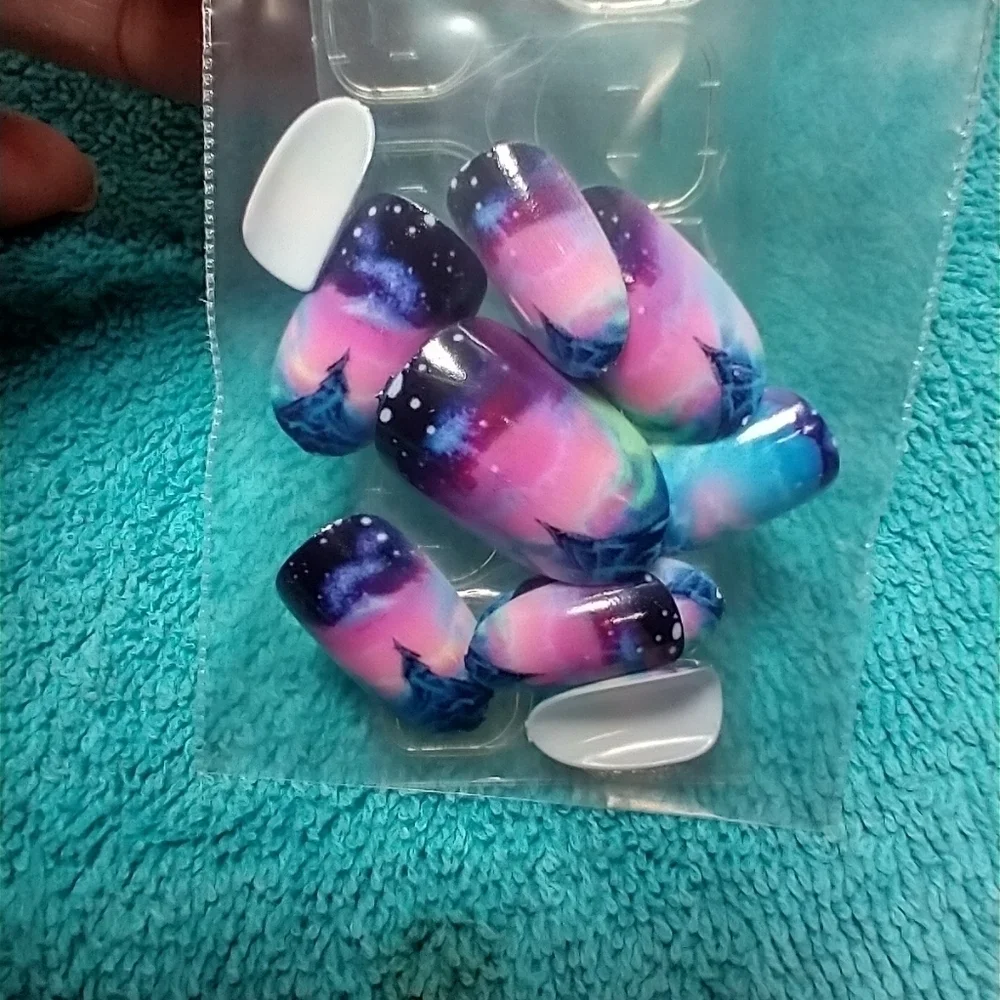 Press on nails pink blue black lightning pattern set